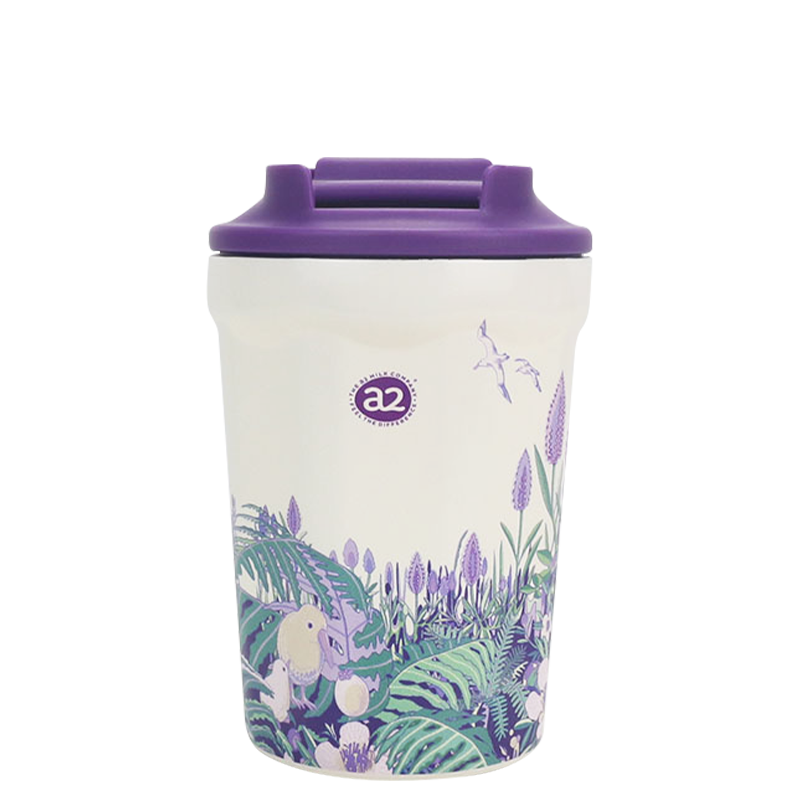 Taza de café portátil de acero inoxidable 304 con estampado de flores de plantas moradas de 350 ml