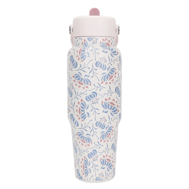 Vaso de coche de titanio floral azul rosa de 900 ml con asa superior